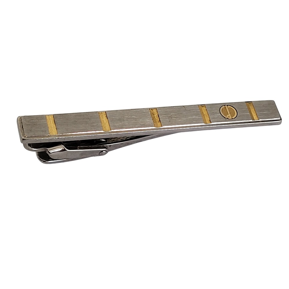 Dunhill Tie Bar Clip Silver Gold Tone Brushed Metal Bar Logo Mens Accessory